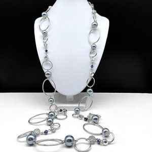 Lia Sophia Gray Faux Pearl Beaded Long Silver Tone Chain Necklace